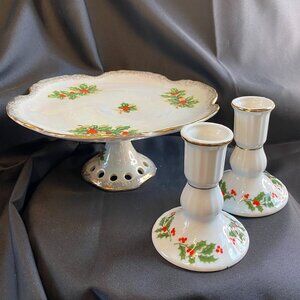 Lusterware Pedestal Holly Stand & Holly/Berry Porcelain 2 pc Candleholder Set